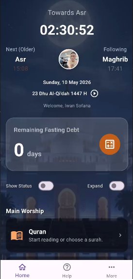 Tampilan aplikasi eMajelis dengan fitur-fitur utama seperti waktu shalat dan Al-Quran.